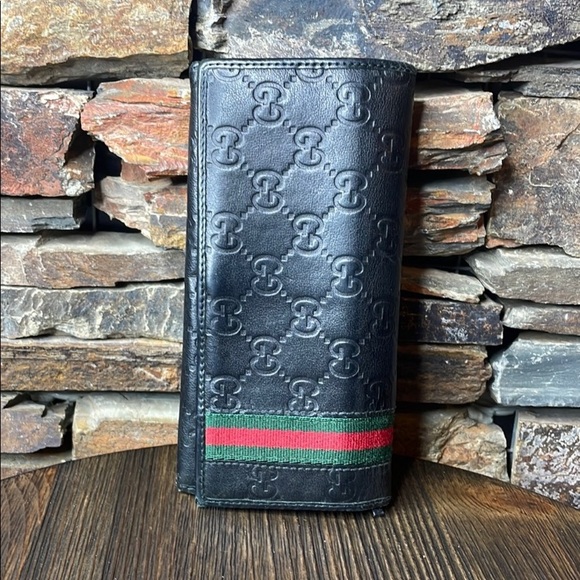 Authentic Gucci Black Leather Bifold Wallet – GG Embossed & Web Stripe - Picture 1 of 11